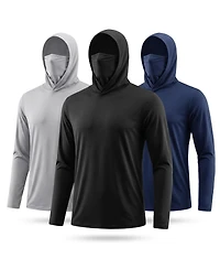 Piscifun 3 Pack Mens Fishing Hooded Face Cover Quick Dry Long Sleeve Performance Tee Outdoor Sports Yard Work