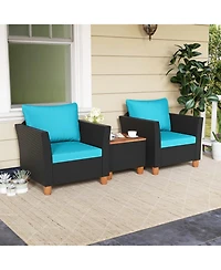 Gouun 3 Piece Outdoor Wicker Conversation Set with Acacia Wood Storage Coffee Table