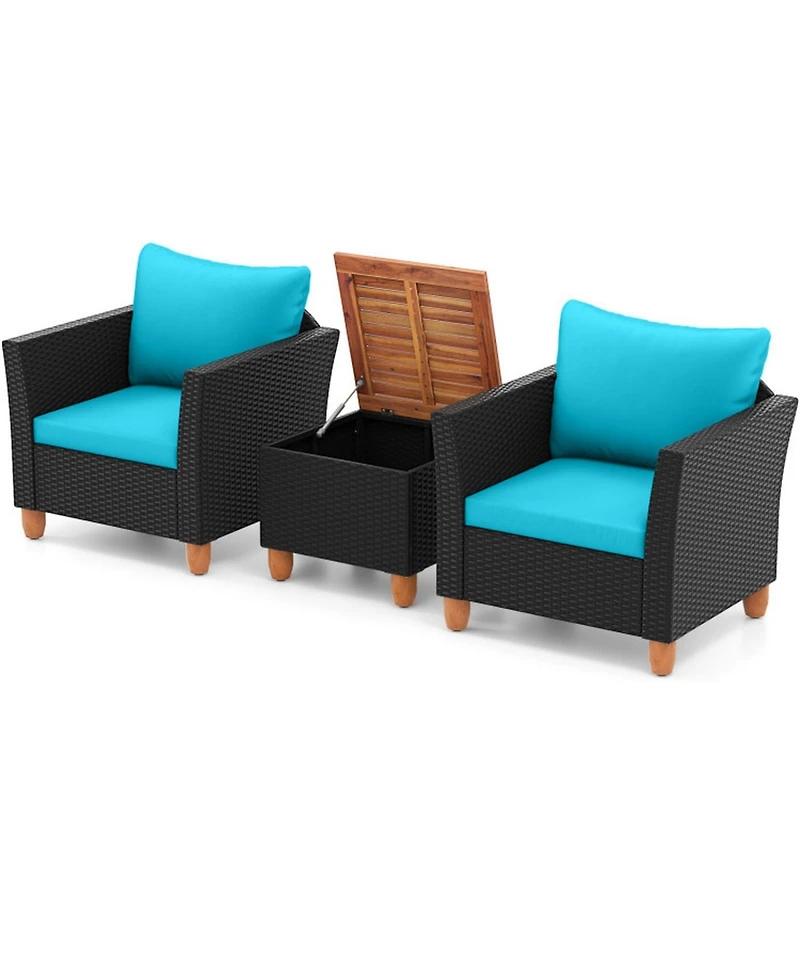 Gouun 3 Piece Outdoor Wicker Conversation Set with Acacia Wood Storage Coffee Table