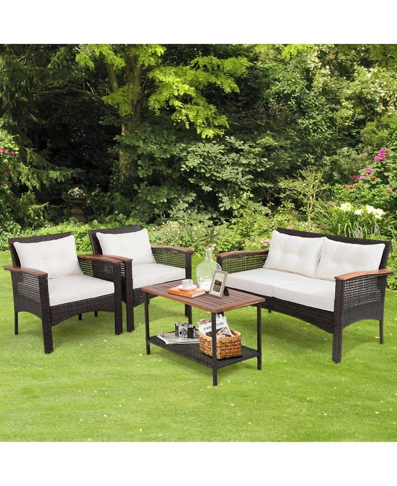 Gouun 4 Piece Outdoor Rattan Conversation Set with Acacia Wood Table, Loveseat and 2 Armchairs