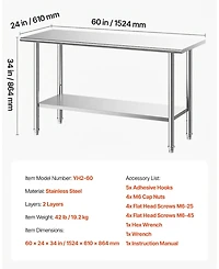 Hongge 48 in Stainless Steel Food Prep Table with Utility Hooks