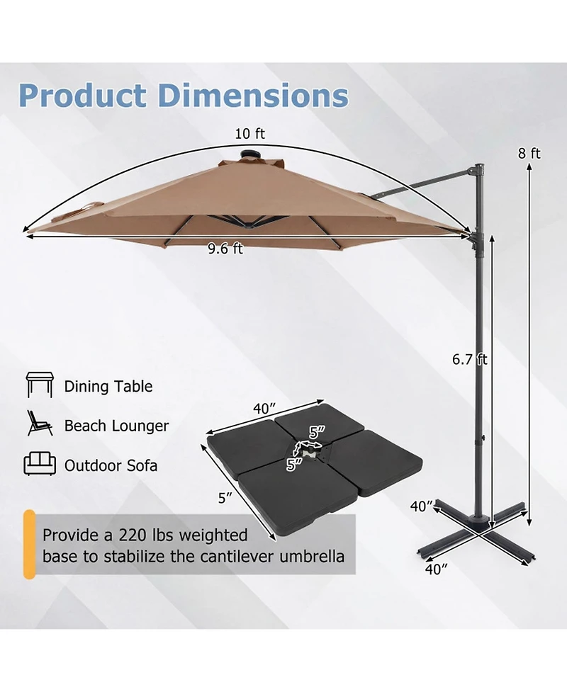 Gouun 10 Feet Cantilever Patio Umbrella with Solar Led Lights