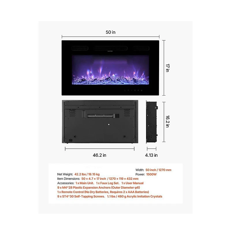 Slickblue Electric Fireplace Wall Mounted 1500W with Adjustable Flame, Remote and Overheat Protection