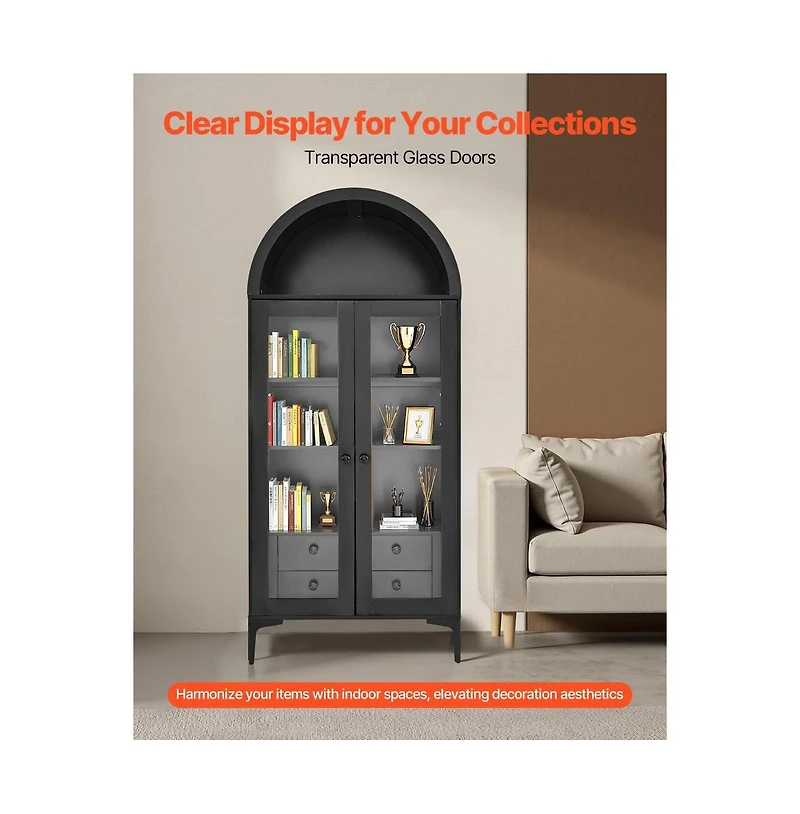 Slickblue 70" Tall Glass Door Cabinet with Adjustable Shelves for Home Storage
