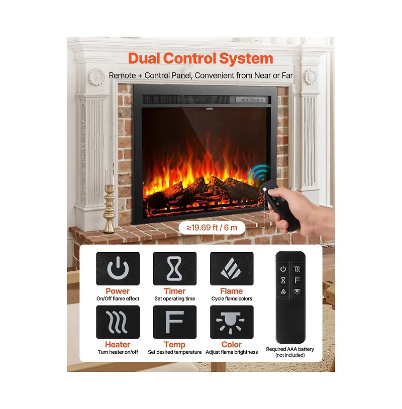 Slickblue Recessed Electric Fireplace Insert Wall Mounted Heater with Adjustable Flames
