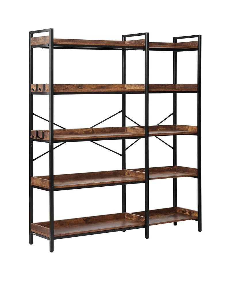 Slickblue L Shaped Corner Bookshelf with Wooden Shelves, 4 Hooks and Heavy Duty Metal Frame