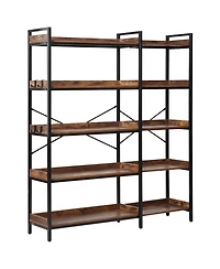 Slickblue L Shaped Corner Bookshelf with Wooden Shelves, 4 Hooks and Heavy Duty Metal Frame