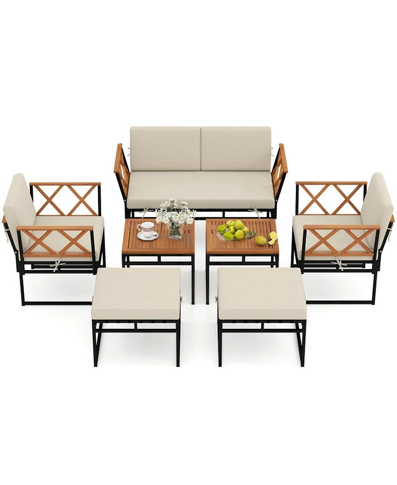 Gouun 7 Piece Outdoor Patio Conversation Set with Bungee Rope Seats, Acacia Wood Accents and Cushions
