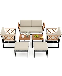 Gouun 7 Piece Outdoor Patio Conversation Set with Bungee Rope Seats, Acacia Wood Accents and Cushions