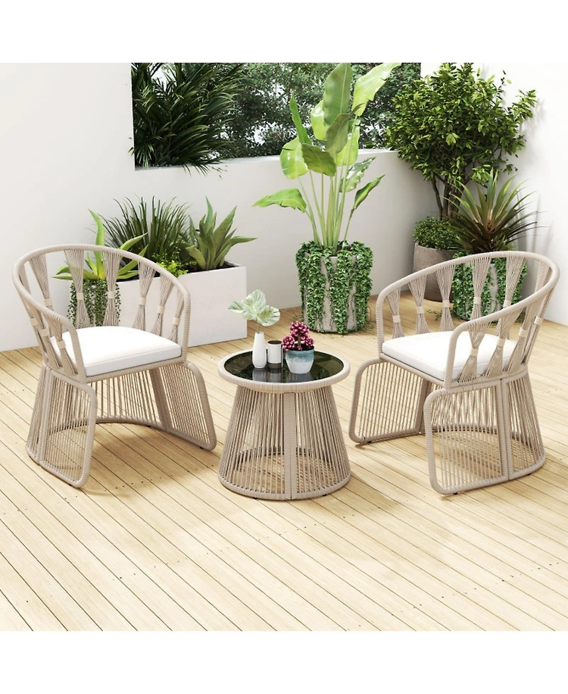Gouun 3 Piece Outdoor Patio Furniture Set with Rope-Woven Armchairs, Cushions and Round Glass Side Table