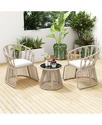 Gouun 3 Piece Outdoor Patio Furniture Set with Rope-Woven Armchairs, Cushions and Round Glass Side Table