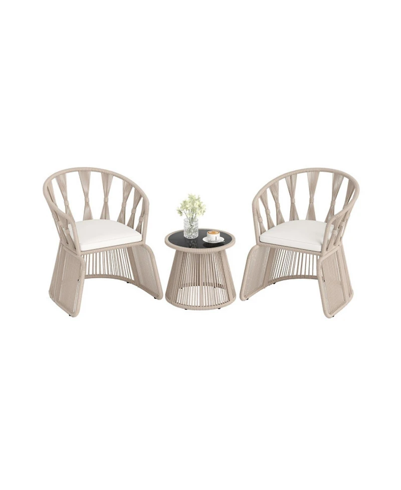 Gouun 3 Piece Outdoor Patio Furniture Set with Rope-Woven Armchairs, Cushions and Round Glass Side Table