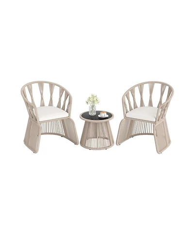 Gouun 3 Piece Outdoor Patio Furniture Set with Rope-Woven Armchairs, Cushions and Round Glass Side Table