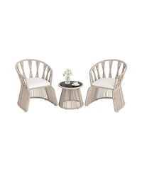 Gouun 3 Piece Outdoor Patio Furniture Set with Rope-Woven Armchairs, Cushions and Round Glass Side Table