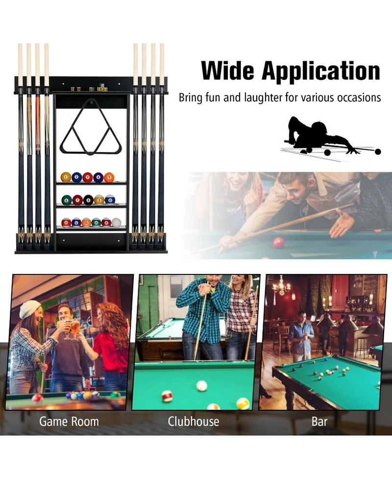 Gouun Wall-Mounted Solid Pine Billiards Cue Rack with Ball Storage