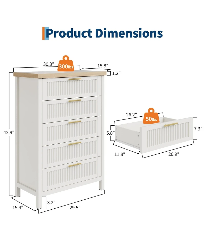 homfan 42.9" Tall Fluted 5-Drawer Dresser, Wooden Clothes Storage Organizer and Tv Stand for Bedroom