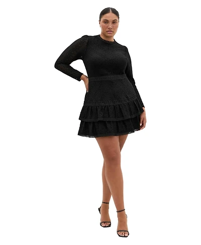 City Chic Plus Gabriella Long-Sleeve Lace Tiered Mini Dress