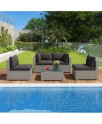 Gouun 5-Piece Outdoor Pe Rattan Patio Sectional Conversation Set with Tempered Glass Coffee Table