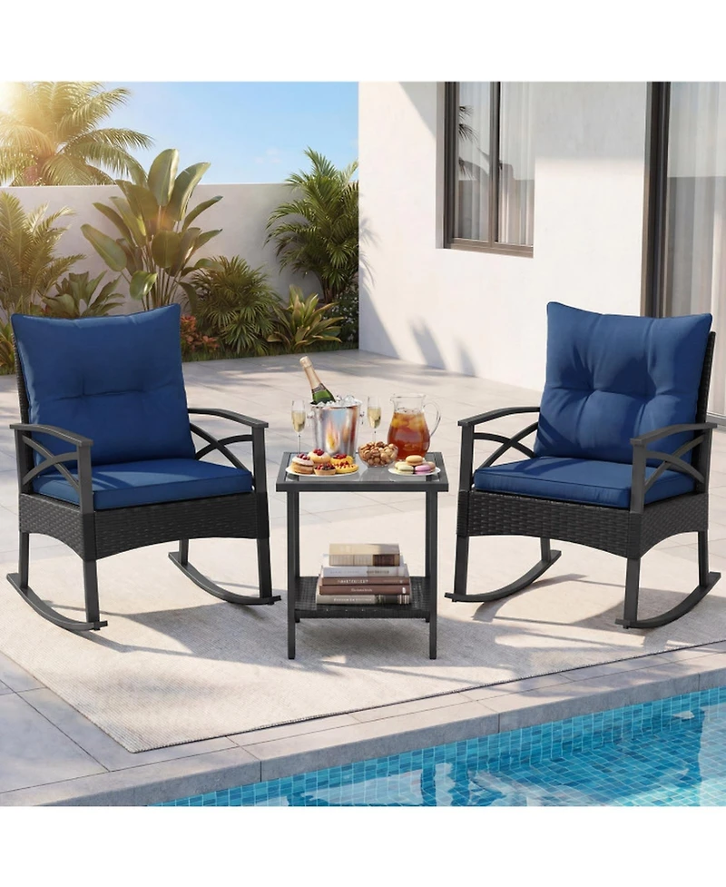 Gouun 3-Piece Outdoor Rattan Rocking Chair Set with 2-Tier Side Table