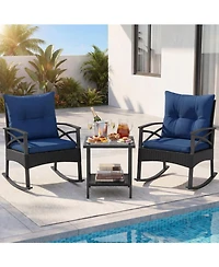 Gouun 3-Piece Outdoor Rattan Rocking Chair Set with 2-Tier Side Table