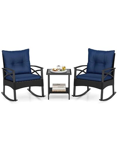 Gouun 3-Piece Outdoor Rattan Rocking Chair Set with 2-Tier Side Table