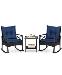 Gouun 3-Piece Outdoor Rattan Rocking Chair Set with 2-Tier Side Table
