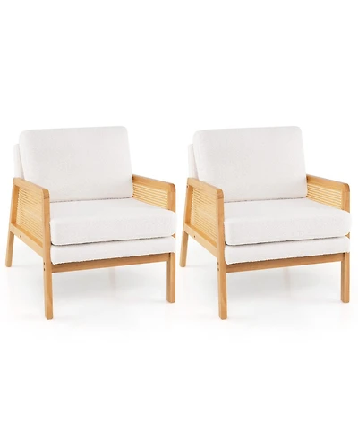 Gymax Set Of 2 Mid Century Modern Accent Chair Living Room Armchair With Rattan Arms