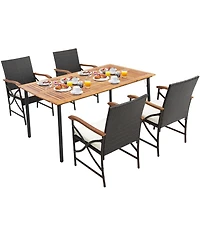 Gouun 5 Piece Outdoor Patio Dining Set with X-Pattern Acacia Wood Table and 4 Wicker Cushioned Chairs
