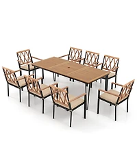 Gouun 9-Piece Outdoor Acacia Wood Patio Dining Set with Wide Padded Chairs and Umbrella Hole