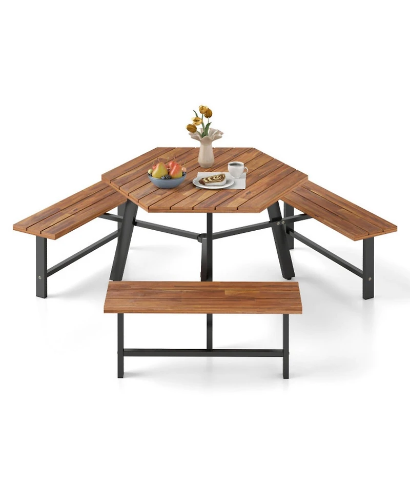 Gouun 6-Person Outdoor Acacia Wood Picnic Table and Bench Set with Umbrella Hole