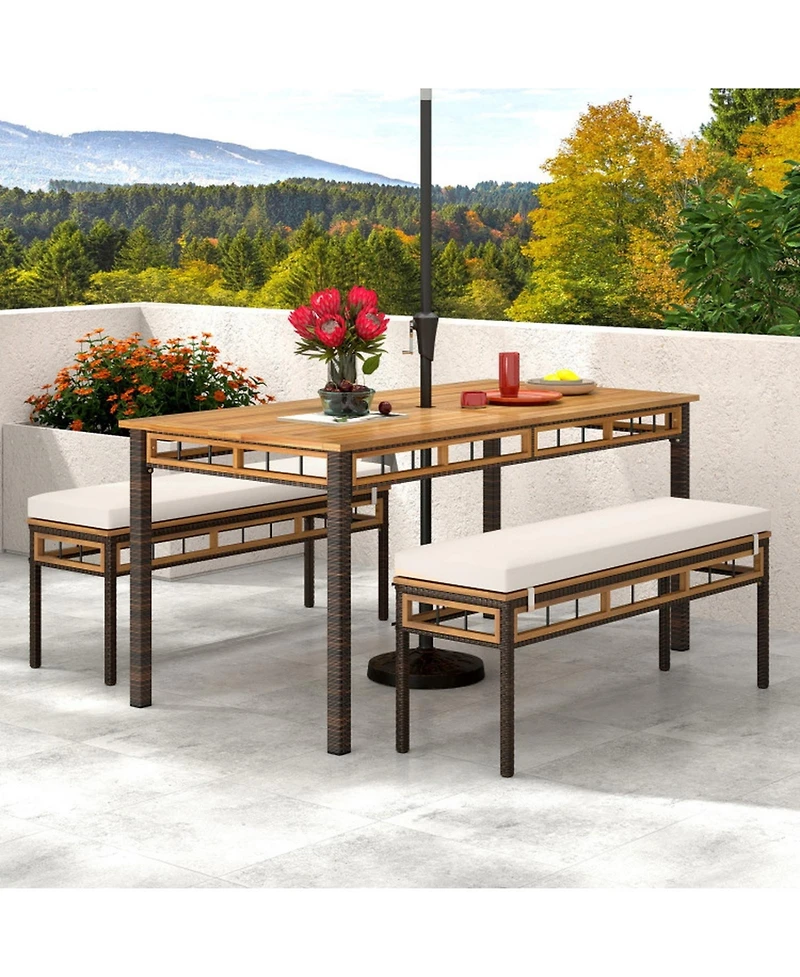 Gouun 3-Piece Acacia Wood Patio Dining Set with Pe Rattan Benches for Deck and Backyard