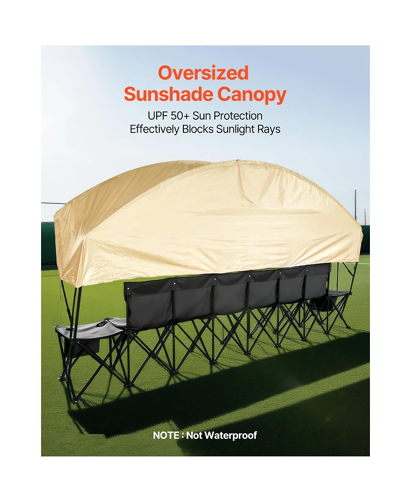 Hongge 6 Seat Folding Sideline Bench with Sunshade Canopy Cup Holders and Storage Pockets for Outdoor Events