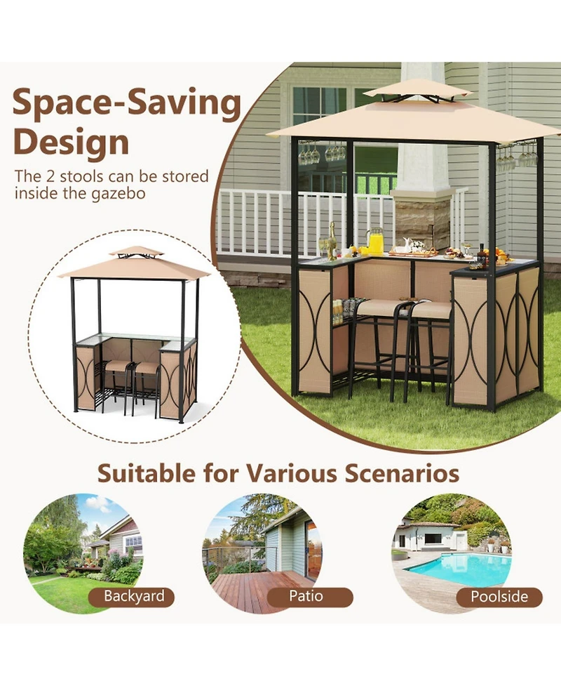 Gouun Outdoor 6.5 x 4 x 8 ft Grill Gazebo Set with Bar Table and 2 Padded Bar Stools