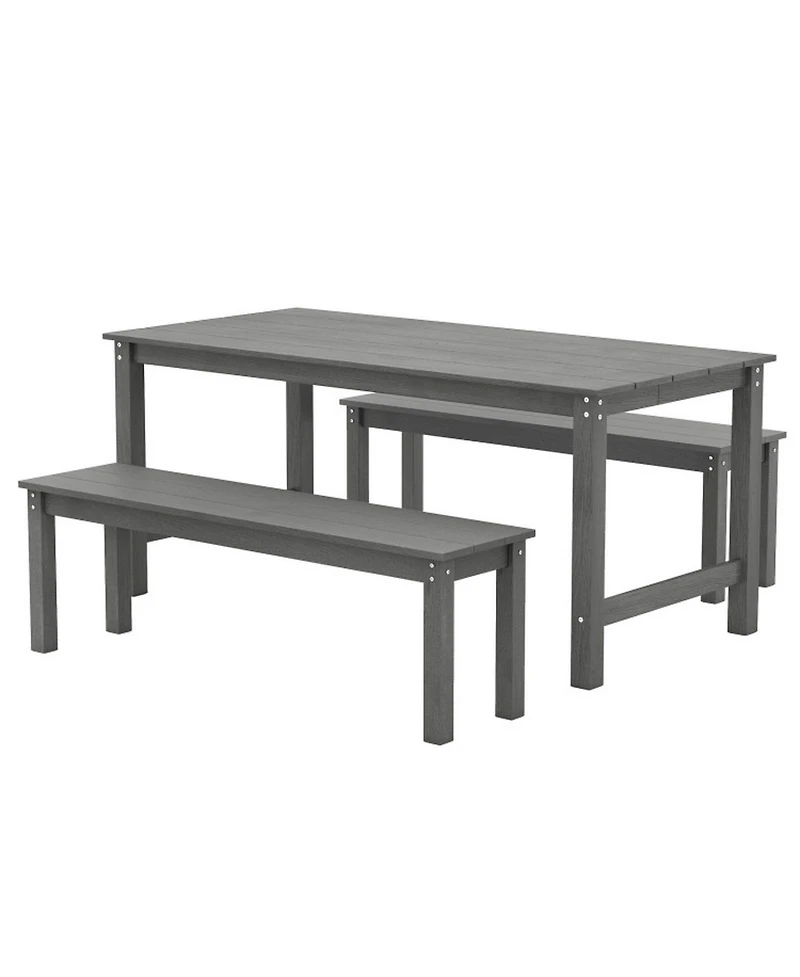 Gouun 3 Piece Outdoor Patio Dining Set with 67 in Hdpe Table and 2 Backless Benches, Umbrella Hole