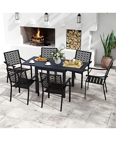 Gouun 7 Piece Aluminum Patio Dining Set with Expandable 63 in Slatted Table and 6 Stackable Chairs