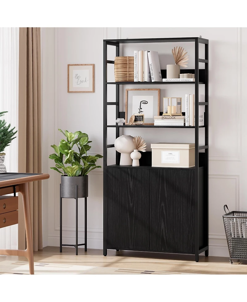 homfan 71" Tall Bookshelf with Doors, Industrial Standing Shelf 3-Tier and Metal Frame, Bookcase Adjustable Rails for Living Room
