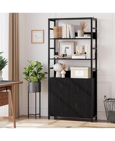 homfan 71" Tall Bookshelf with Doors, Industrial Standing Shelf 3-Tier and Metal Frame, Bookcase Adjustable Rails for Living Room