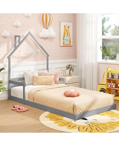 Costway Twin Floor Bed for Kids with Chimney Headboard and Handrail