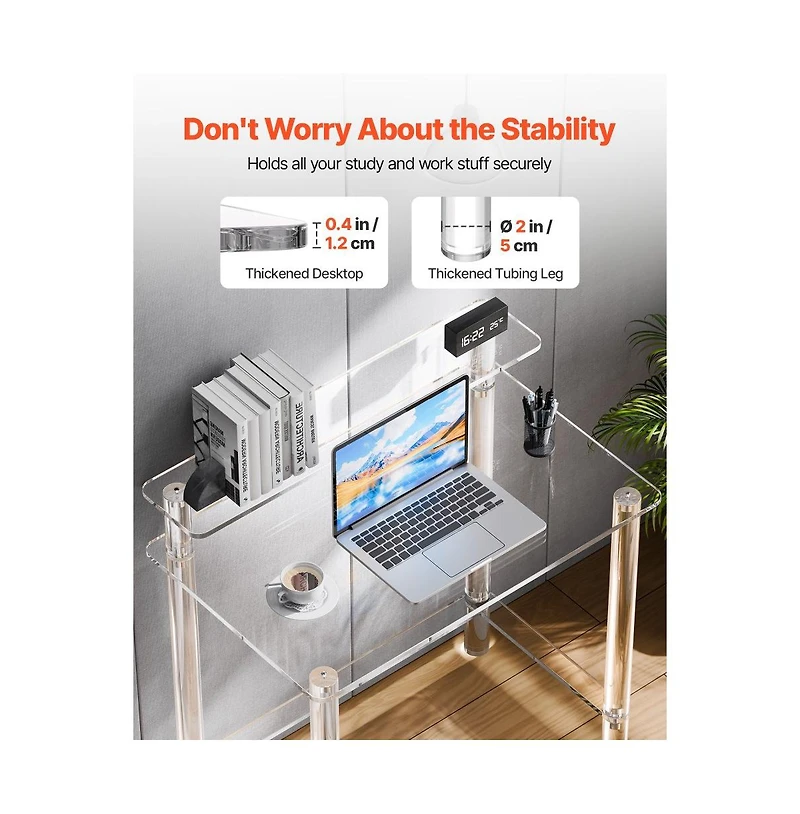 Slickblue Clear Acrylic Office Desk with Monitor Shelf, 2-Tier Study Computer Table for Bedroom
