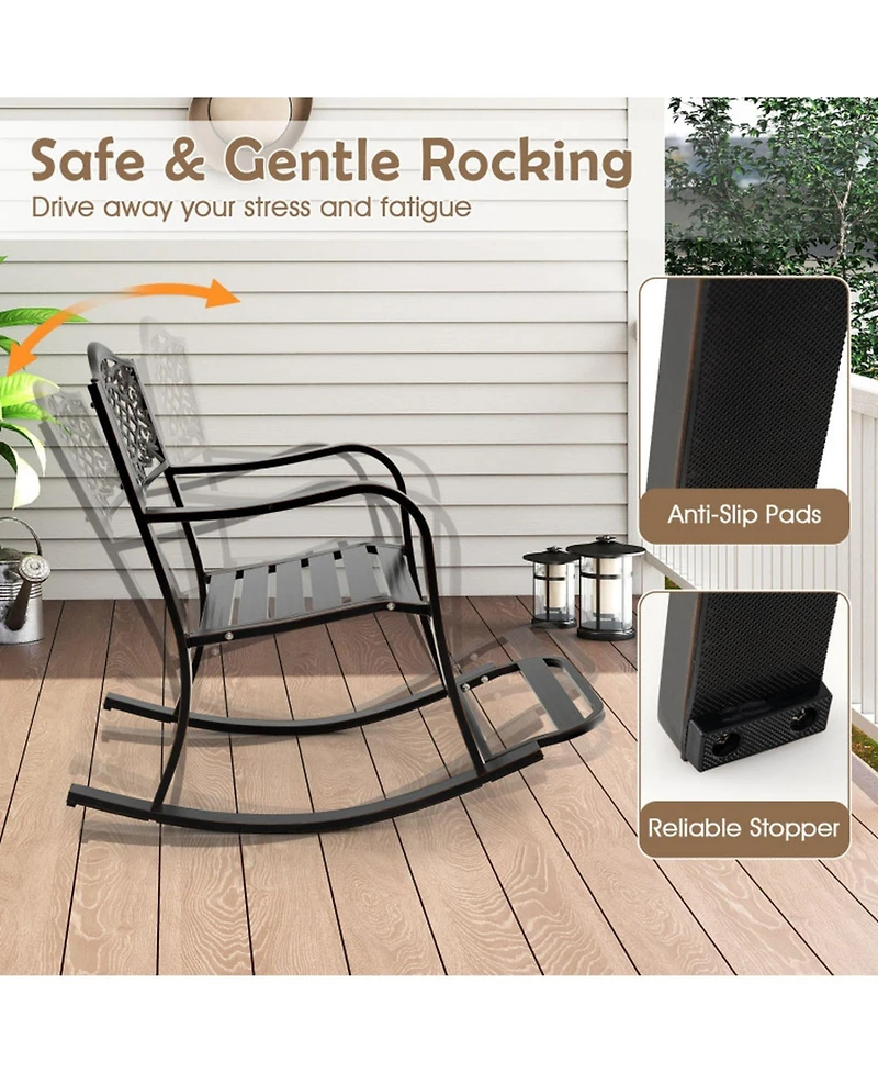 Gouun Cast Aluminum Outdoor Patio Rocking Chair with Footrest, Curved Armrests and Floral Backrest