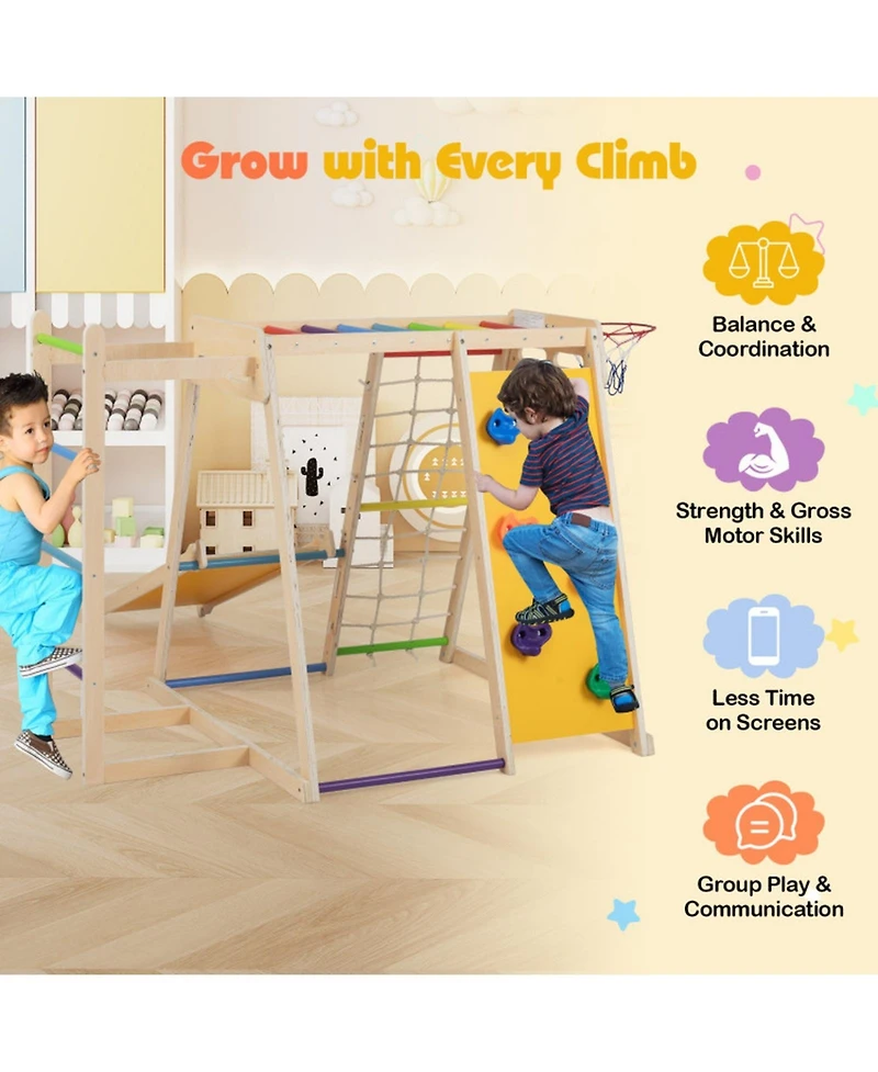 Hongge 6-in-1 Kids Indoor Jungle Gym with Slide and Climbing Wall Ages 3-14