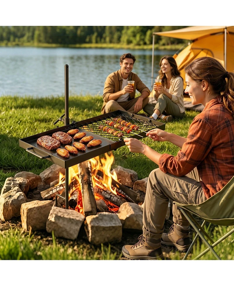 Hongge Heavy Duty Swivel Campfire Grill 24 inches with 360 Degree Rotation and Adjustable Height Grate and Griddle