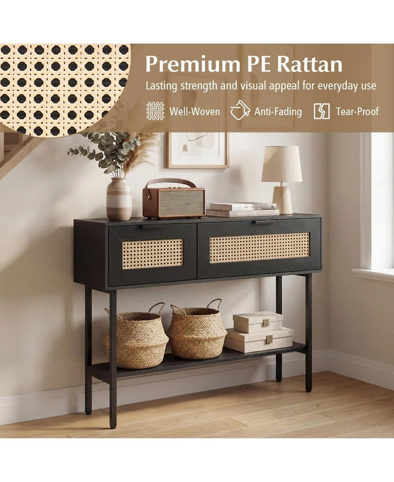 Sugift Rattan Console Table with 2 Storage Cabinets Open Shelf and Carbon Steel Frame