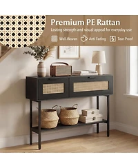 Sugift Rattan Console Table with 2 Storage Cabinets Open Shelf and Carbon Steel Frame
