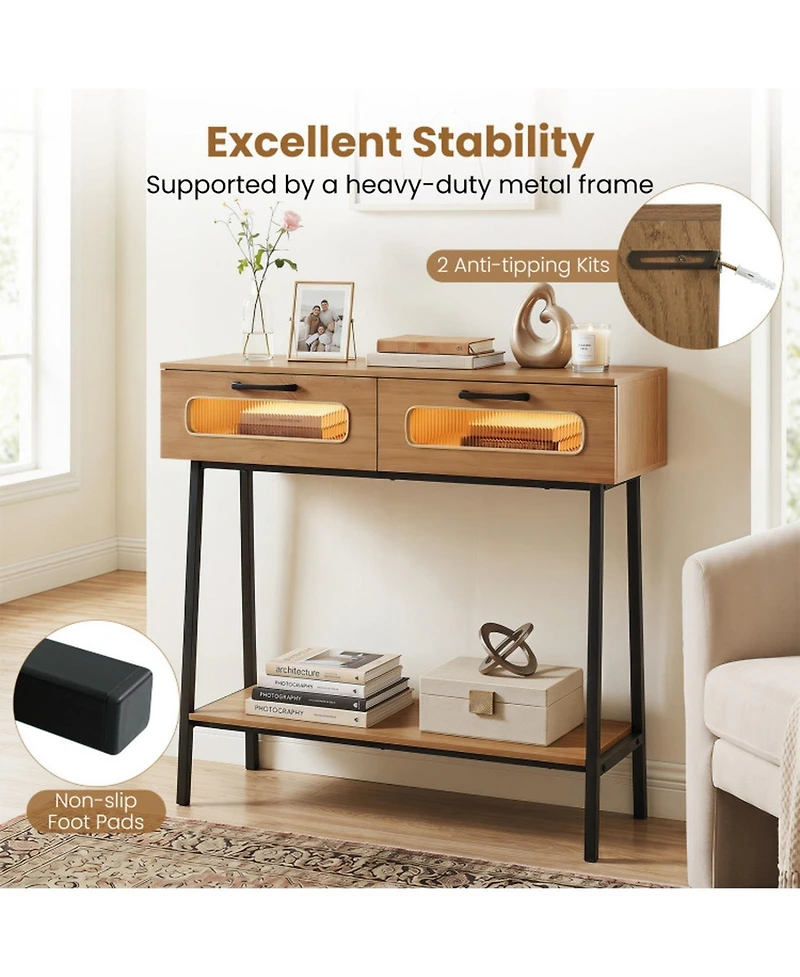 Sugift Console Table with Led Lights 2 Drawers and Open Shelf for Hallway Entrance