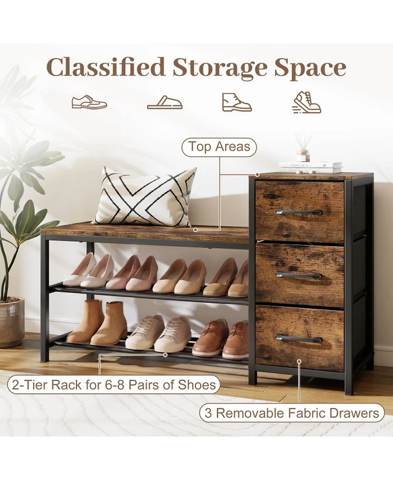 Sugift 3-Tier Industrial Shoe Bench with 3 Removable Fabric Drawers and Anti-Toppling Kits