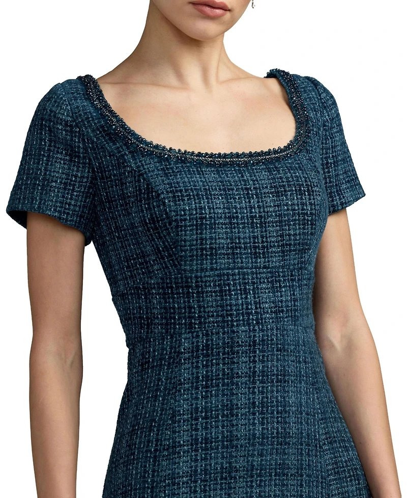 Mac Duggal Petite Embellished Boucle Short Sleeve Midi Dress