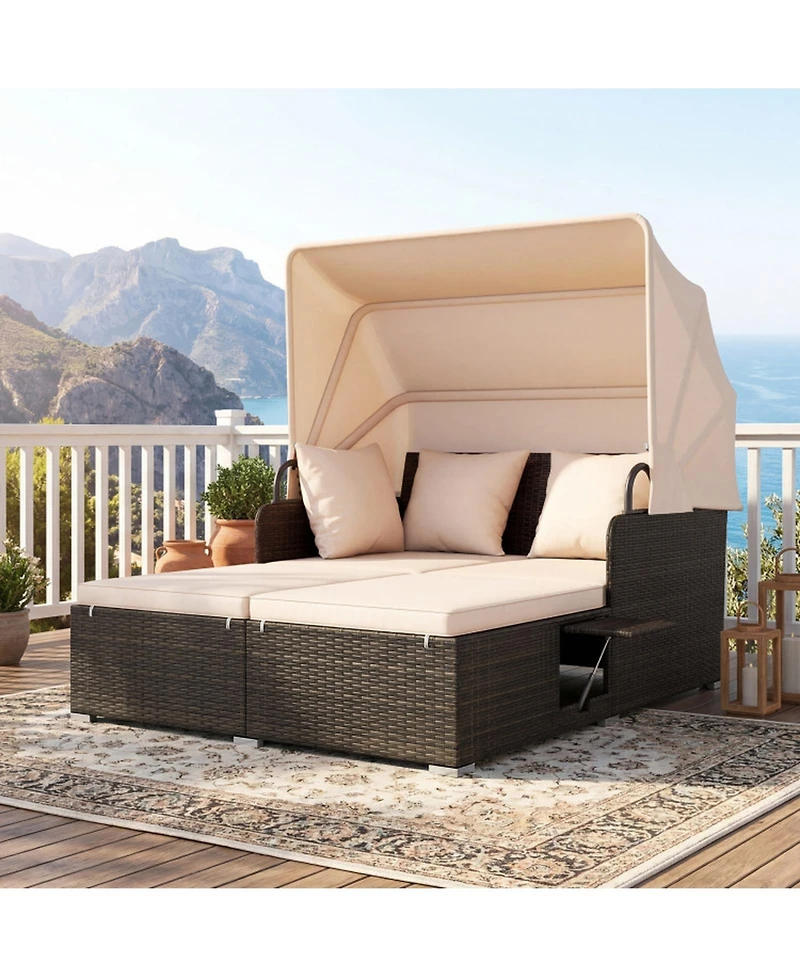 Gouun Outdoor Rattan Daybed with Retractable Canopy and Foldable Side Tables