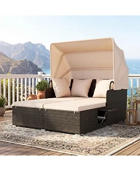 Gouun Outdoor Rattan Daybed with Retractable Canopy and Foldable Side Tables