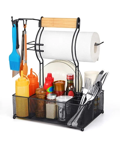 Piscifun Grill Caddy With Paper Towel Holder 7 Compartment Camping Bbq Organizer